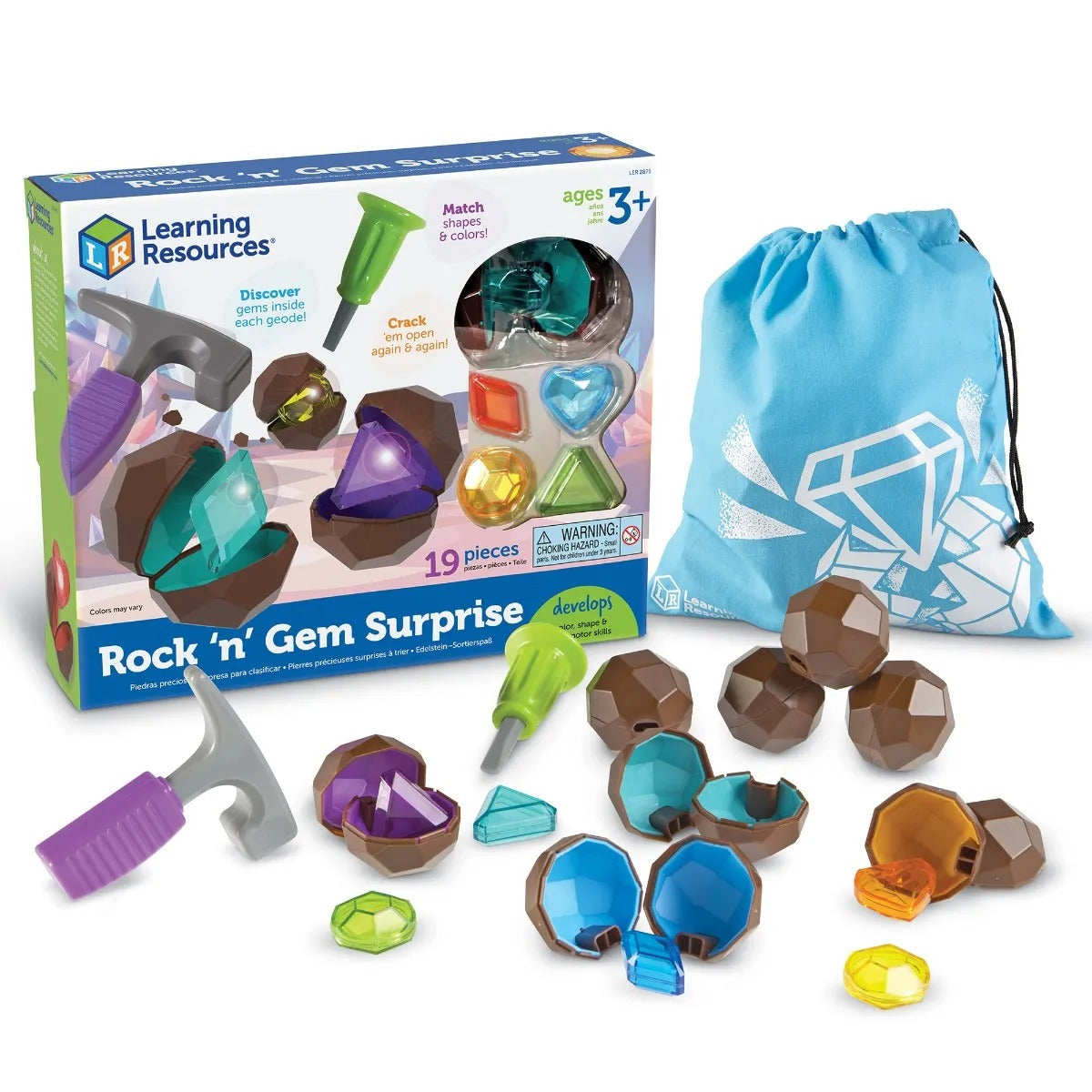 Learning Resources Rock 'n Gem Surprise, Crack open the rocks to reveal the treasure in Rock ‘N’ Gem Surprise! Children can discover colourful gems in different shapes and sizes, helping to build and develop fine motor skills, colour and shape recognition and role-playing skills. CRACK open play rocks to reveal colourful surprise gems again and again! Crack open a colourful gem in this kids surprise toy! Little ones get a no-mess introduction to sorting, matching, and counting with the play rocks (geodes) a