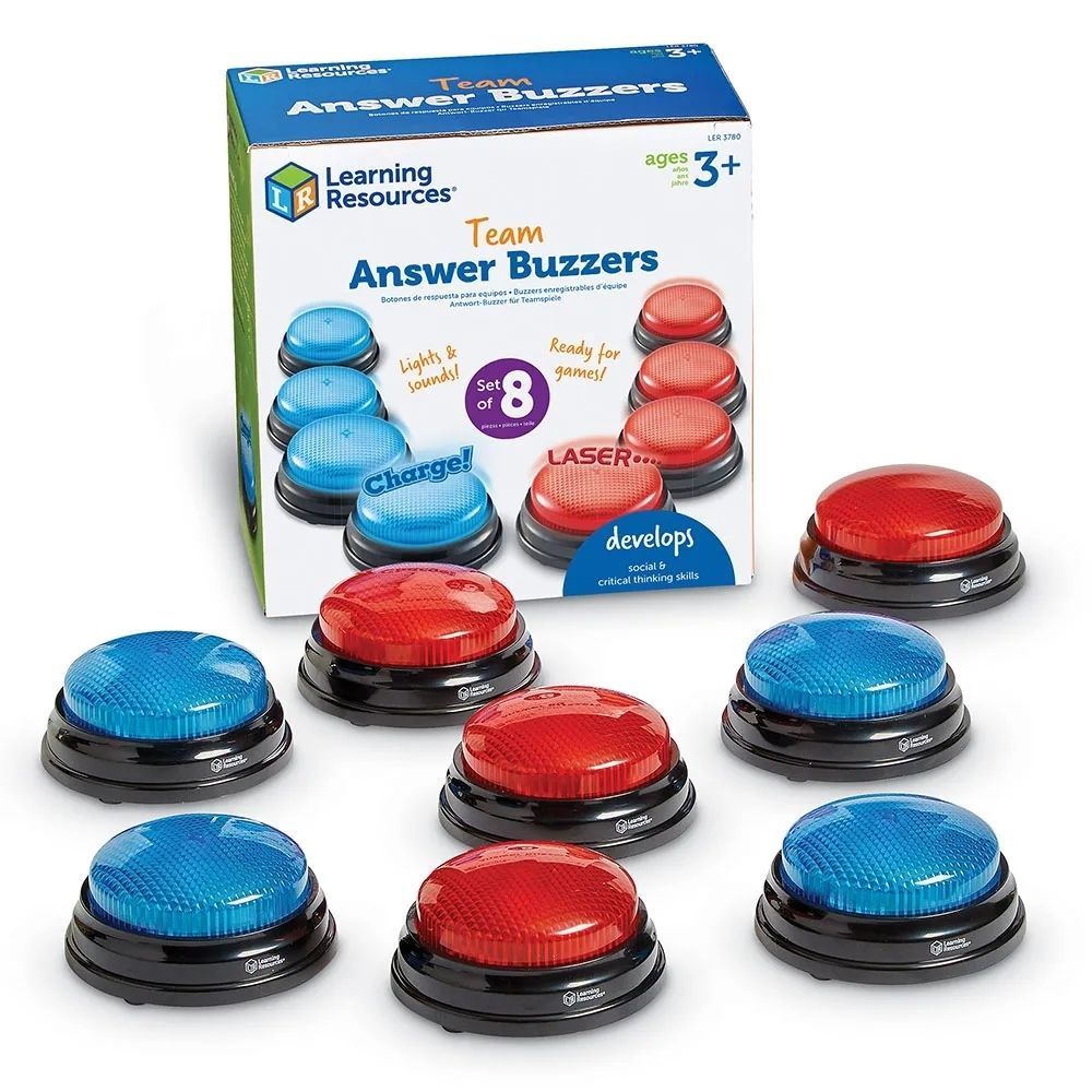Learning Resources Team Answer Buzzers, Turn everyday quizzes into fun game-show-style competitions! This Team Answer Buzzers set comes with 8 game buzzers: 4 for the red team, and 4 for the blue team. Once you've settled on teams for classroom game shows or at-home game nights, you'll always know who's buzzing in because each team’s buzzers make unique sounds that are loud, clear, and easy to tell apart. Buzz in and win with team games in the home or classroom with this set of Team Answer Buzzers! This set
