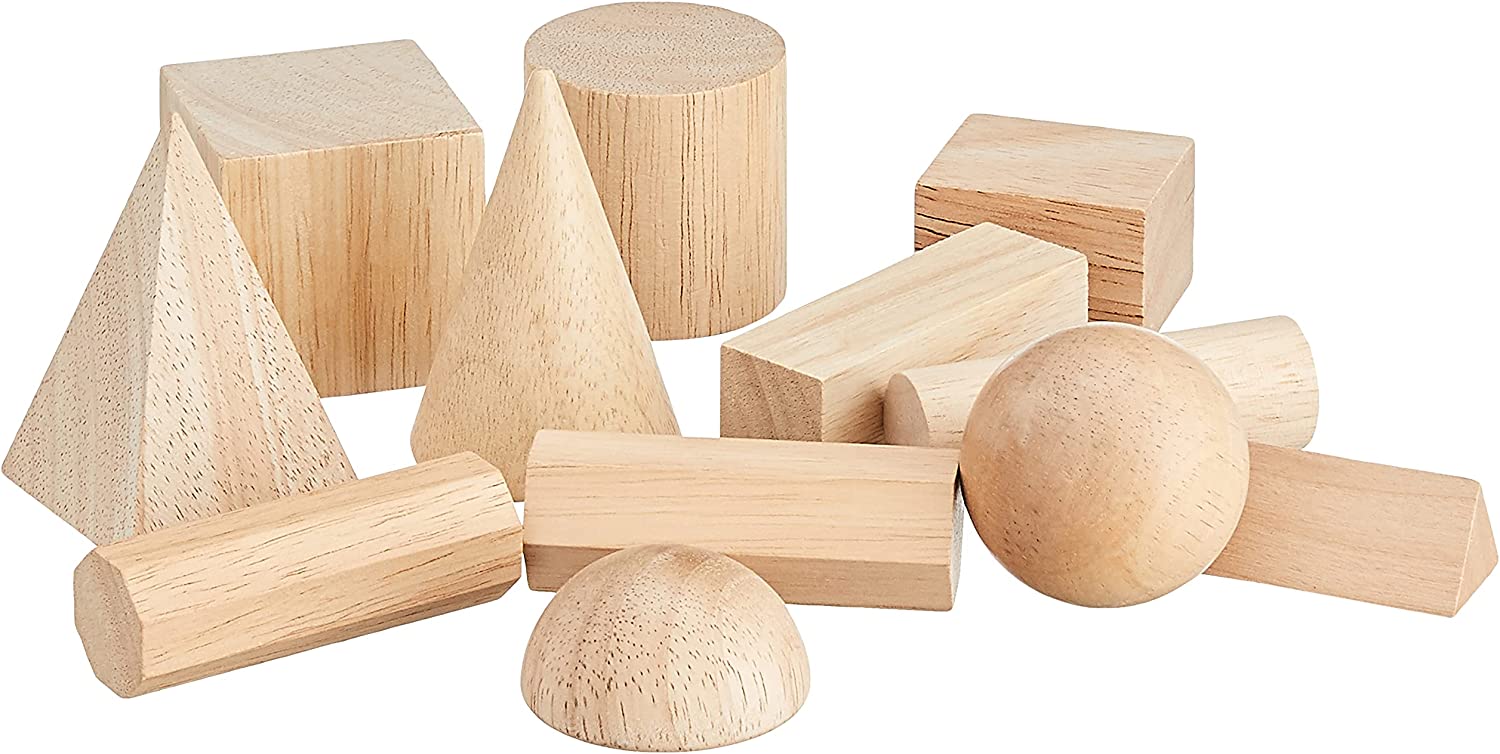 Learning Resources Wooden Geometric Solids (Set of 12), This set of 12 smooth, solid hardwood geometric shapes range from 5 to 8 cm in size. Sturdy solid 3D wooden shapes can be used to teach a variety of numeracy skills including shapes, size and relationships. Students can explore shape, size, pattern, volume and measurement with these invaluable hands-on tools. Smooth wooden cones include sphere, cube, cylinders, pyramid, prisms, hemisphere and rectangular solids, ranging in size from 2' to 3'. Learning 