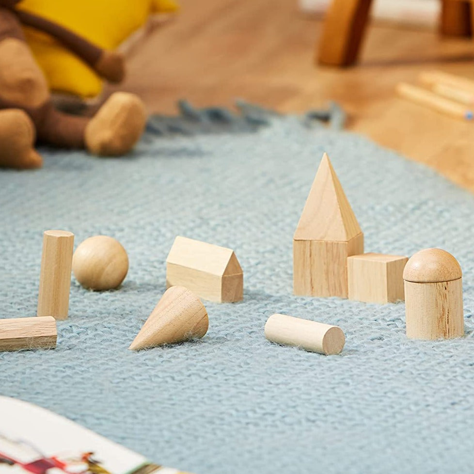 Learning Resources Wooden Geometric Solids (Set of 12), This set of 12 smooth, solid hardwood geometric shapes range from 5 to 8 cm in size. Sturdy solid 3D wooden shapes can be used to teach a variety of numeracy skills including shapes, size and relationships. Students can explore shape, size, pattern, volume and measurement with these invaluable hands-on tools. Smooth wooden cones include sphere, cube, cylinders, pyramid, prisms, hemisphere and rectangular solids, ranging in size from 2' to 3'. Learning 
