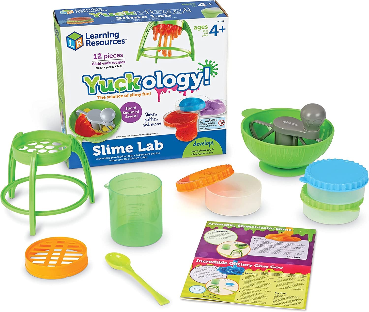 Learning Resources Yuckology Slime Lab, Yuck! Make and store your grossest goo with the Yuckology! Slime Lab. Use the Yuckology Slime Lab to get messy with some super slime making, action fun! The Yuckology! Slime lab allows children to learn the science behind how to make slime in a fun and exiting lab like environment. The Yuckology Slime Lab has easy to use hands-on tools and easy child-friendly recipes which develops early science skill development. Using common ingredients found around the house and ch