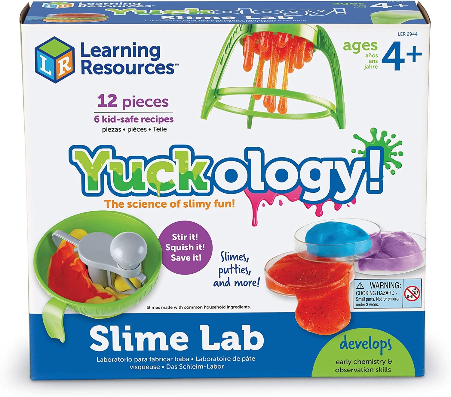 Learning Resources Yuckology Slime Lab, Yuck! Make and store your grossest goo with the Yuckology! Slime Lab. Use the Yuckology Slime Lab to get messy with some super slime making, action fun! The Yuckology! Slime lab allows children to learn the science behind how to make slime in a fun and exiting lab like environment. The Yuckology Slime Lab has easy to use hands-on tools and easy child-friendly recipes which develops early science skill development. Using common ingredients found around the house and ch