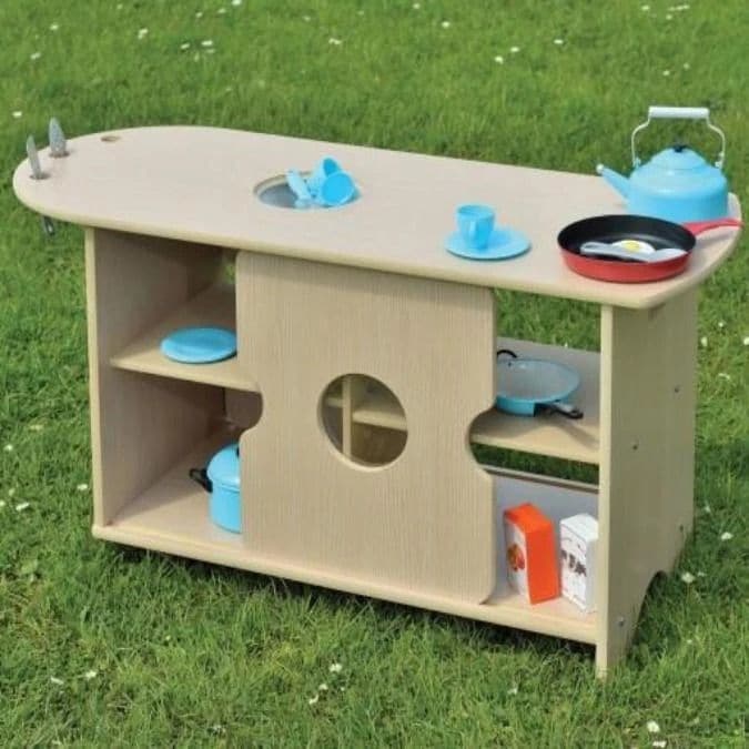 Leave Me Outdoor Mini Mess Around Kitchen - 420mm Height, The Outdoor Mess Around Kitchen from our Leave Me Outdoors Range is a brilliantly designed role-playing product that enriches your outdoor play environment. This all-weather kitchen set is a robust and practical addition that enhances children's imaginative playtime while being tough enough to withstand the elements. Leave Me Outdoor Mini Mess Around Kitchen Features: All-Weather Durability: Made from 'Outdoor Duraply,' this kitchen set is designed t
