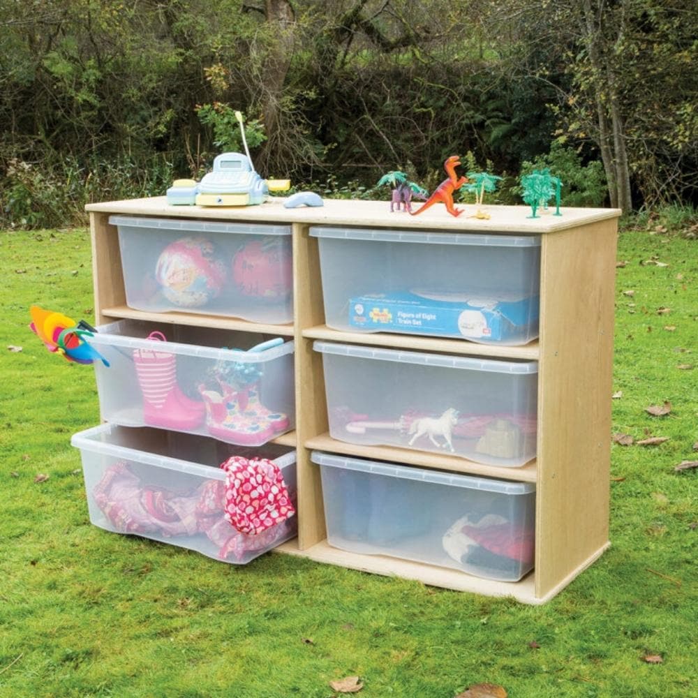 Leave Me Outdoors Large Storage 6 Tray Unit, Keep all of your outdoor items tidy with these jumbo storage trays contained within the Leave Me Outdoors Large Storage 6 Tray Unit. The Leave Me Outdoors Large Storage 6 Tray Unit is supplied with clear trays you can easily keep all of you smaller outdoor play items tidy with this unit. The new 'Leave Me Outdoors' range is the best way to take the classroom outside. Every product in the range can be used and left outside no matter the weather. Made from a specia