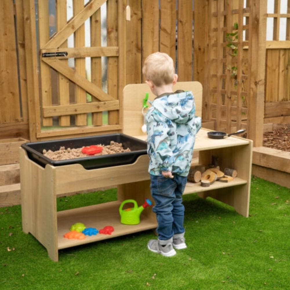 Leave Me Outdoors Low-Level Discovery Unit, An outdoor low-level discovery unit designed for under 2s, complete with a strong removeable tray that can hold water, mud, sand and other natural materials. The unit is a practical, open-ended addition to any outdoor setting, which also features a handy shelf underneath to store resources. Can be used side by side with our low-level kitchen to create a messy play zone. Ultra-durable panel for outdoor use in the most demanding conditions. Practical, open-ended add
