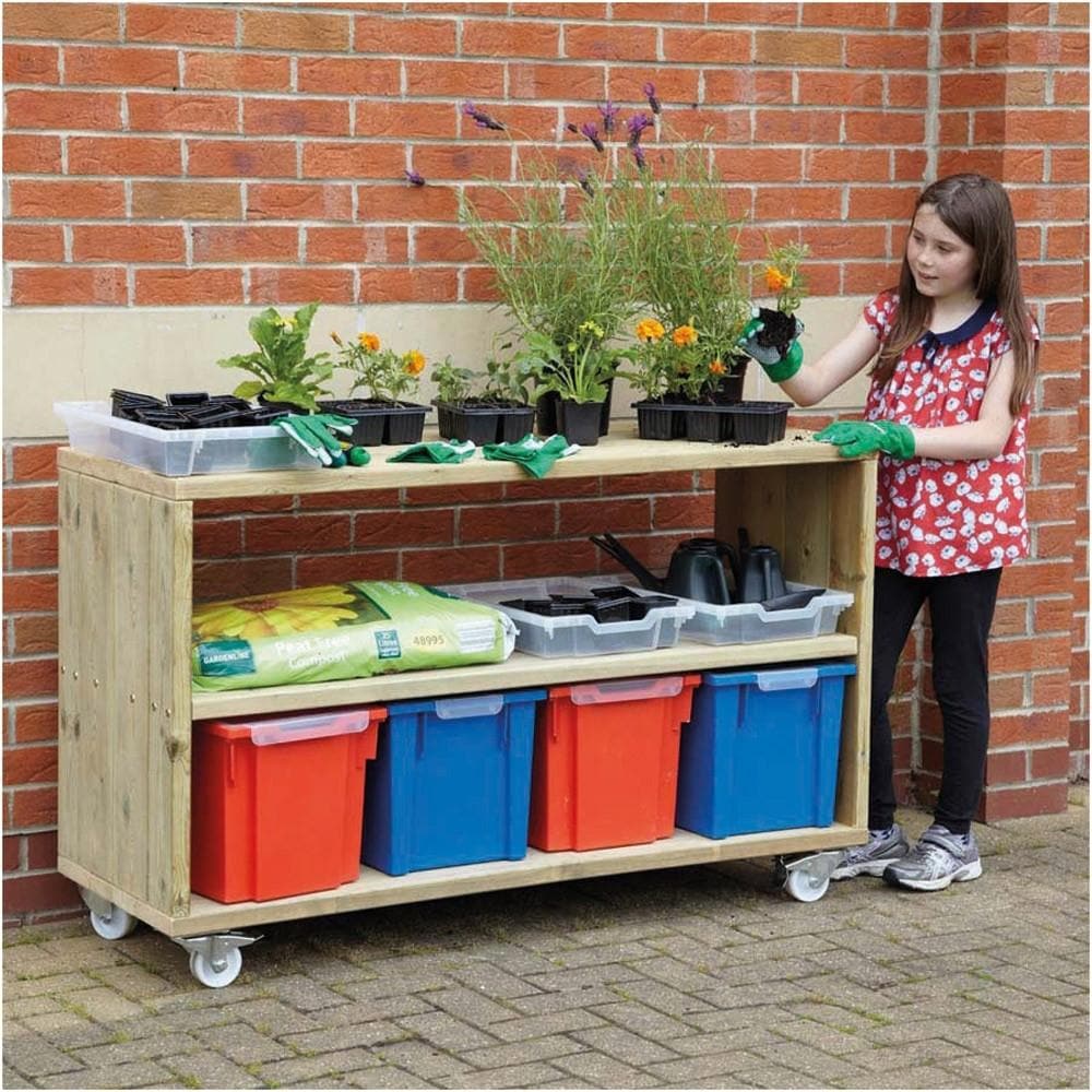 Leave Me Outdoors Mobile Shelving Unit, Introducing the Leave Me Outdoors Mobile Shelving Unit, the perfect solution for safely and securely moving and storing resources in outdoor settings. This versatile unit is designed to hold up to eight Jumbo Gratnell's trays providing ample space for organizing and storing your educational and sensory toys.This handy shelving unit is not just for storage, it can also be used as a convenient worktop. Whether you need a surface for arts and crafts activities or a place