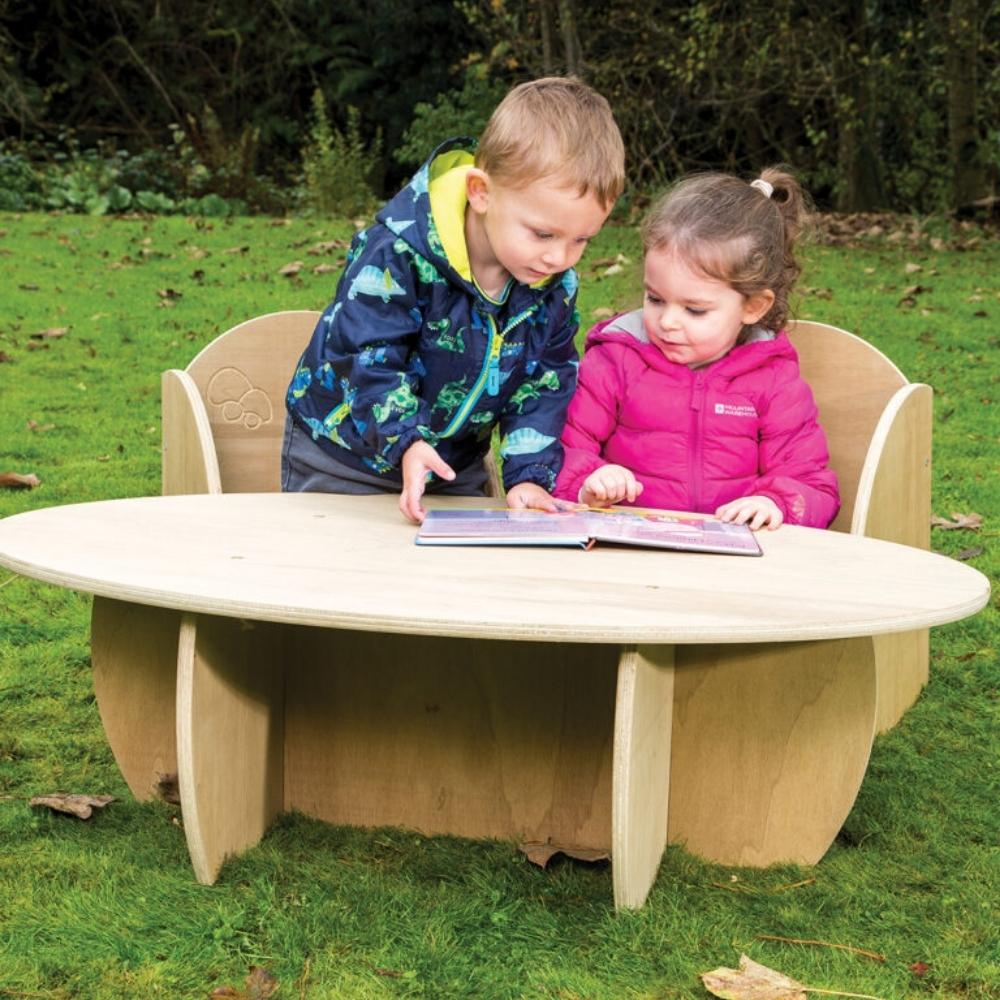 Leave Me Outdoors Outdoor Toddler Table, This oval Outdoor Toddler Table is manufactured using a new and innovative 15mm covered outdoor MDF, with bull nosed edges. The Outdoor Toddler Table makes a beautiful long last unique feature point in your garden or early years setting,this is a hard wearing practical solution providing the perfect play table outdoors. Weather proof and fungal resistant Extremely durable, corrosion resistant, stainless, steel fixings and castors Virtually maintenance free. As with i