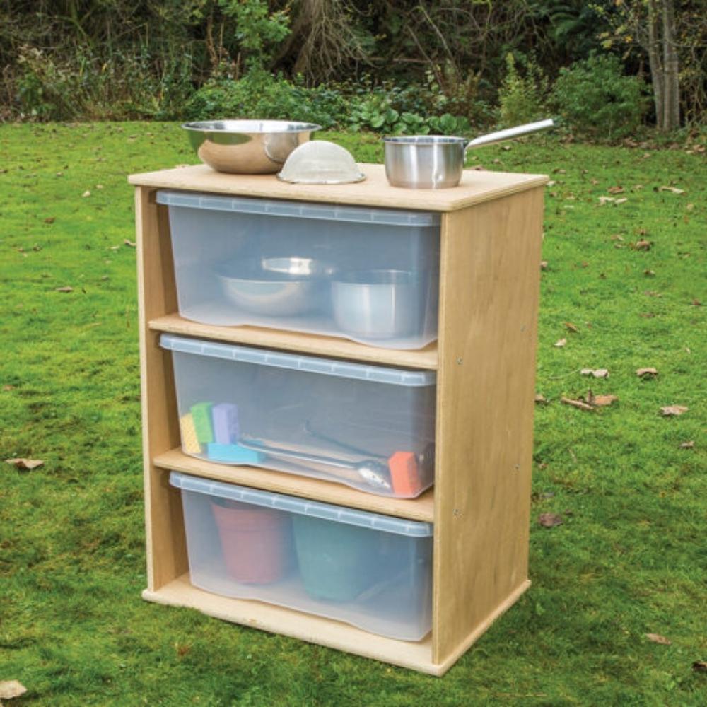 Leave Me Outdoors School Storage Cupboard with 3 trays, The large Leave Me Outdoors School Storage Cupboard is supplied with 3 trays that allows you to store items away when not in use. The new 'Leave Me Outdoors' range is the best way to take the classroom outside. Every product in the range can be used and left outside no matter the weather. Made from 'Outdoor Duraply' the units are all weather proof and fungal resistant while still being highly durable. Finished with stainless steel fixings and castor's 