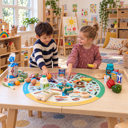 Let's Eat Well Playmat, 880mm diameter, used by children during a food sorting activity in a nursery, square lifestyle view 2