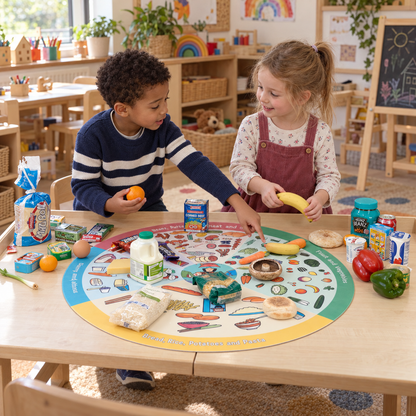 Children sorting food props on the 880mm Let's Eat Well Playmat in an early years setting, lifestyle view 4