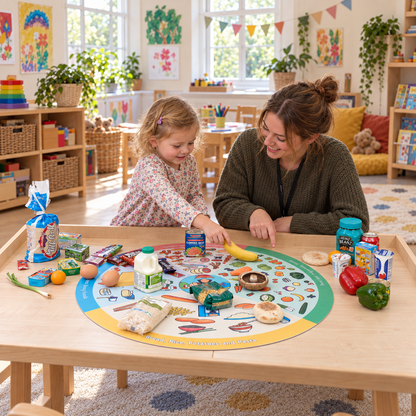 Let's Eat Well Playmat, 880mm diameter, used by children during a food sorting activity in a nursery, square lifestyle view 5