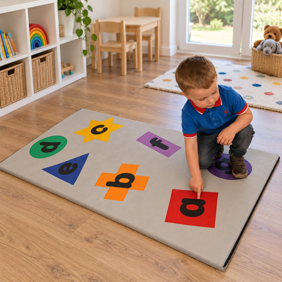 Letter and Shapes Play Mat — pointing to the letter a