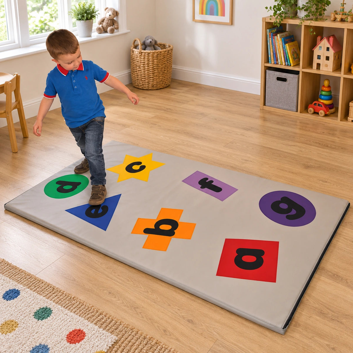 Letter and Shapes Play Mat — stepping between shapes
