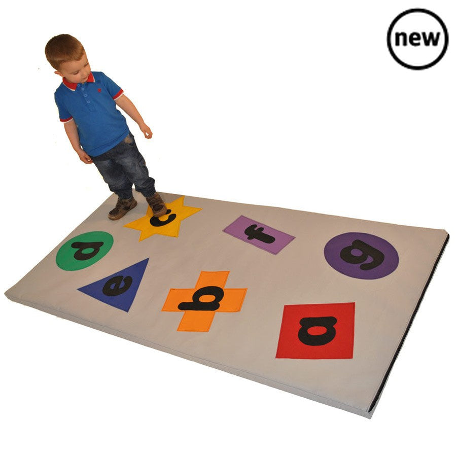 Letter and Shapes Play Mat, The Letter & Shapes Play Mat combines a safety surface suitable for all active play with fun floor games. The games will encourage number and letter recognition; colours and shapes recognition; sequencing and agility, whilst improving social skills. The Play Mats are made in high density foam with a wipe clean high tenacity PVC cover. Size 190cm x 90cm x 3.5cm, For both indoor and outdoor use. Must not be permanently left outdoors. 180cm x 90cm x 3.5cm Expected delivery 10 workin