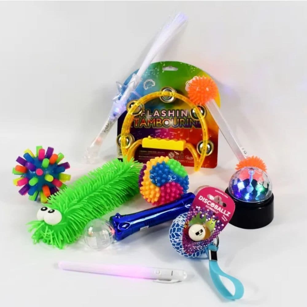 Light Up Toy Bundle, This is light up bundle will be an excellent addition to any sensory den or dark room. We have chosen light weight, easy to grip light up toys that can be used as part of a sensory play time. This Light Up Toy Bundle bundle provides a great variety of textures, shapes, colours and light sensations. Some of the products are cause and effect where they can be bounced or bumped to make flash and some can be turned on and off. In this pack you will find 10 from the following products (or si