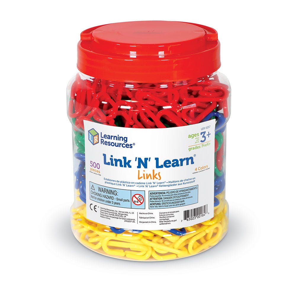 Link 'N' Learn Links Set of 500, Introduce your young learners to the fascinating world of math and design with the Link 'N' Learn Links Set of 500. This comprehensive Link 'N' Learn Links set is not just an educational tool, but also a playground for creativity and tactile exploration. Features of the Link 'N' Learn Links Set of 500: 🌈 Vivid Colors: Includes 500 links in 4 captivating colors to engage kids visually. 🤲 Fine Motor Skill Development: The act of connecting and separating the links provides exc