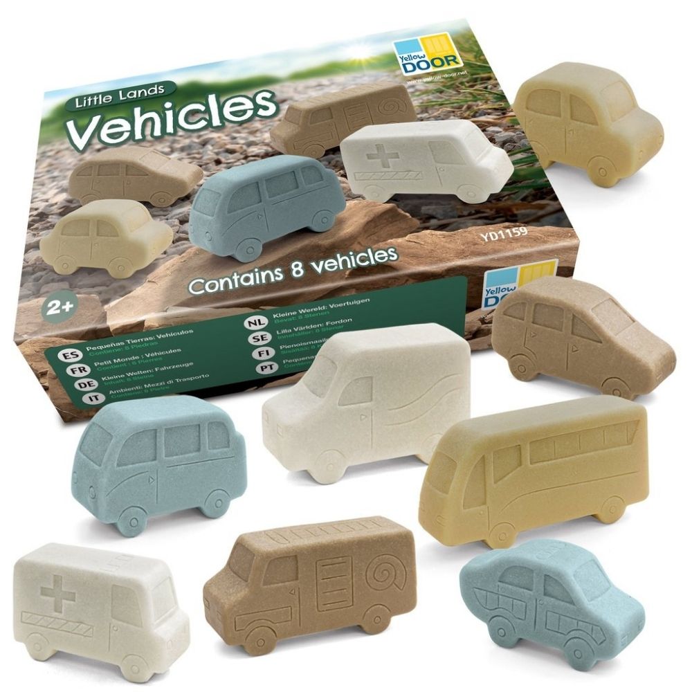 Little Lands Sensory Play Vehicles pk 8, The Little Lands Sensory Play Vehicles feature a mix of everyday and emergency vehicles, this set of stones will engage and delight. The Little Lands Sensory Play Vehicles are perfectly sized for little hands, the sculptures are easily recognisable with etching and engraving used to depict their features. The Little Lands Sensory Play Vehicles are created using a durable stone mix, they are tough enough to use outdoors, and will be a valuable, flexible addition to an