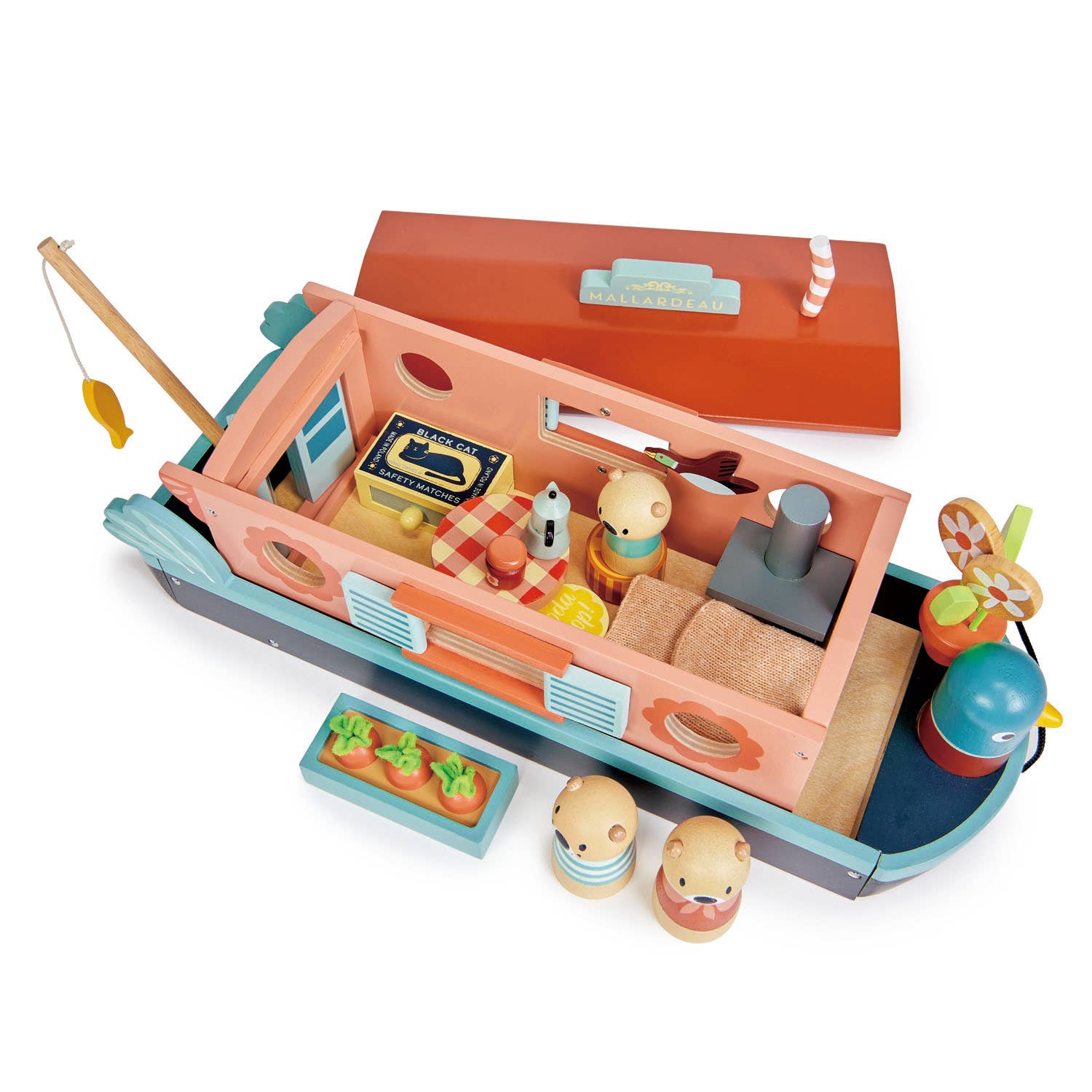 Little Otter Canal Boat, Introducing the Little Otter Canal Boat, where our adorable wooden otter doll family resides. This beautiful canal boat, named "Malardeau" after their favorite mallard duck, is a delightful addition to our wooden toy range.The removable roof and lift-out cabin provide extra play space and make this doll's house boat perfect for imaginative playtime. The Little Otter Canal Boat set also includes a variety of accessories designed to support language development, emotional awareness, a