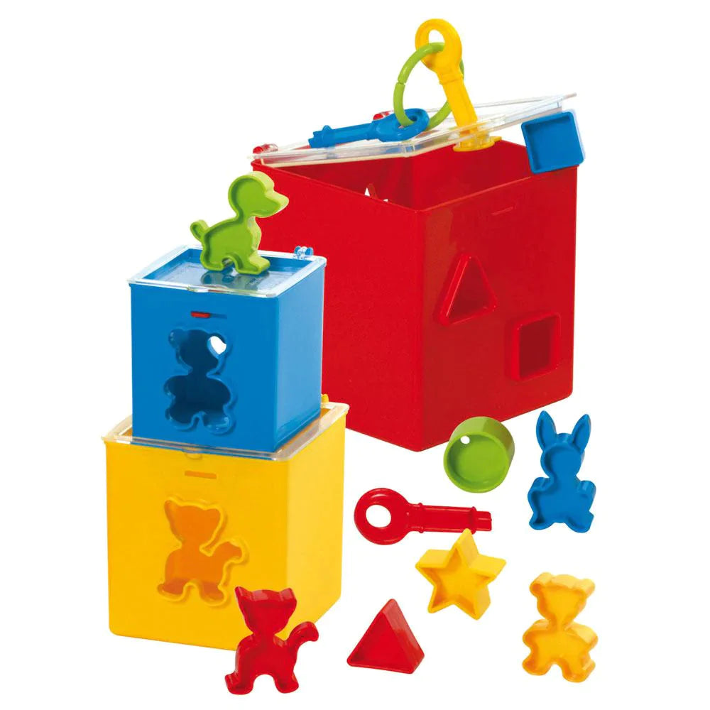 Locking Puzzle Box, This Locking Puzzle Box features three shape sorters with a variety of different shapes. Sort and slot them through the correct hole in the correct box! Unlock the puzzle box's clear lid using the colour coordinated key to empty the shape sorter and start again! When playtime's over, stack the shape sorters inside one another and lock up your puzzle until it's time to play again. Gowi Toys are manufactured to strict safety standards using bright, bold colours and encourage early childhoo