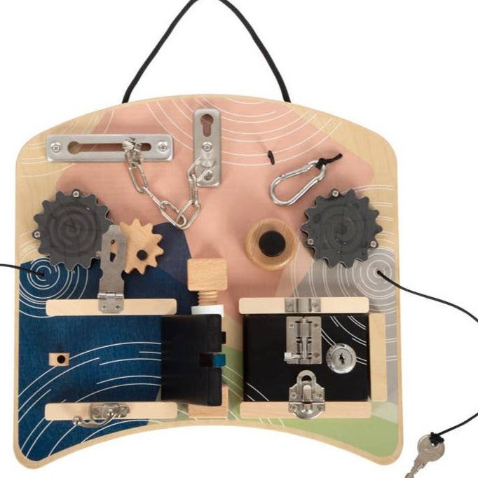 Locks and Rotation Motor Activity Board, Introducing our sleek and stylish play board designed to aid in the development of fine motor skills in children. The Locks and Rotation Motor Activity Board features a modern and trendy colour scheme, as well as visible wood material, this activity board offers a wide range of possible activities to engage children in fun and educational play.With a range of locks including a spring hook with loop, door chain, padlock latch, deadlock, and cylinder lock with a key, t