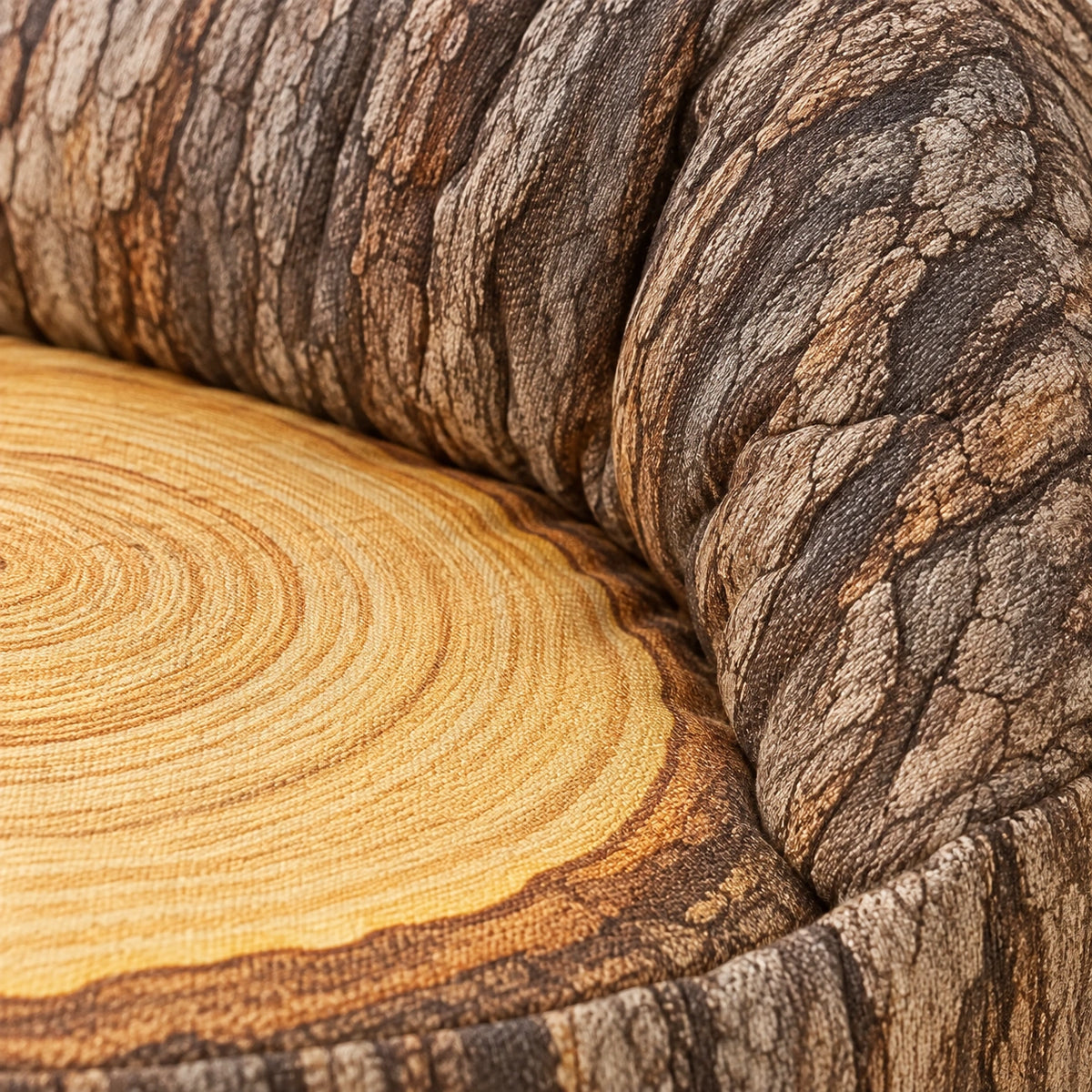 Log Beany Chair — printed fabric and tree-ring seat detail