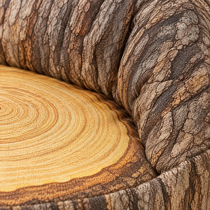 Log Beany Chair — printed fabric and tree-ring seat detail