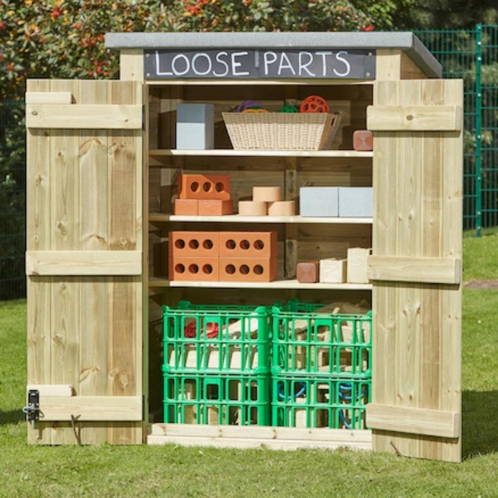 Loose Parts Activity Shed, The Loose Parts Activity Shed provides the perfect storage facility to store away all your Loose Part Play Activities after use. The Loose Parts Activity Shed features 3 shelves to help keep the store organised and a chalkboard to help label what's inside. Robust unit with felted roof to help prevent against water damage. Made from pre-treated Scandinavian Redwood which is guaranteed against rot and insect infestation for 10 years. Shelf depth 40cm, shelf length 112cm, distance be