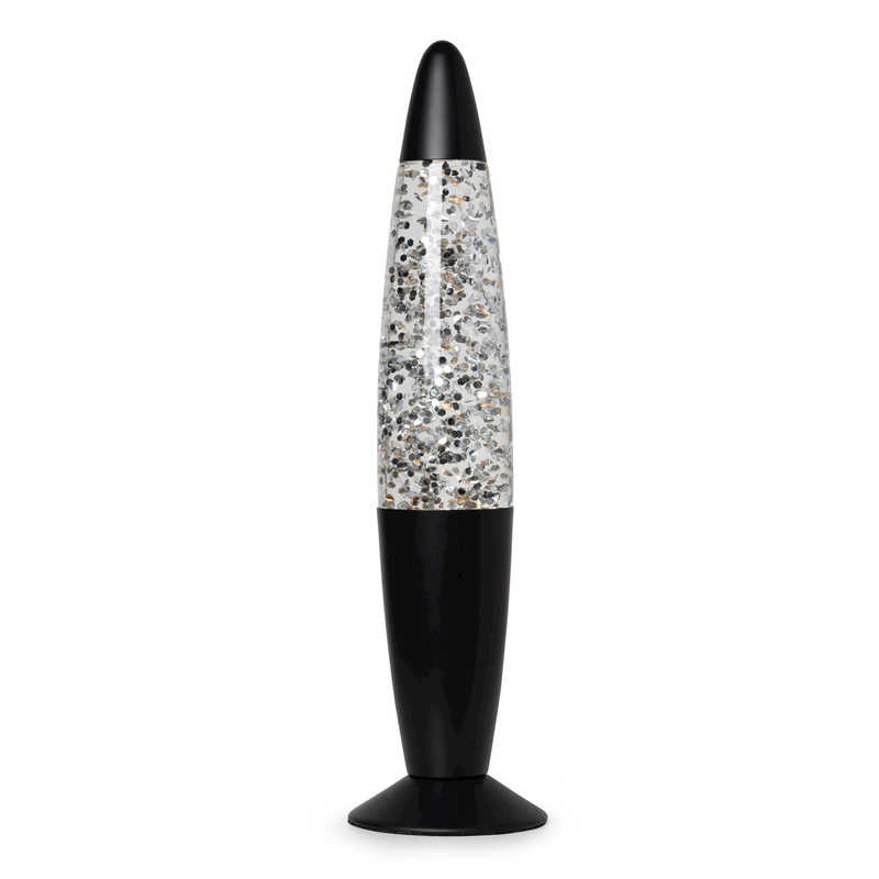 Lumez Glitter Lamp - Silver, Liquid lamp with retro inspired styling. When the glitter lamp is plugged in, the light bulb heats up the glitter-filled liquid, causing it to swirl around the cylinder. What’s more, the liquid is crystal clear, allowing for the silver glitter inside to sparkle and shine. This is a classic lamp style that’s been popular for decades, and continues to be today. Colourful glitter lamp Glitter filled liquid swirls inside Retro effect Black design Mains powered (UK plug) Approx. 33cm