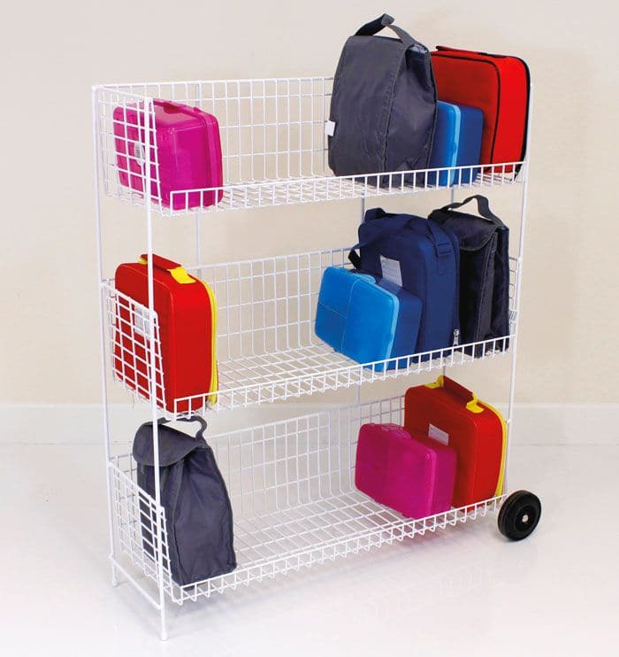 Lunchbox Tidy feat 2 Castors, The Lunchbox Tidy feat 2 Castors is a sturdy wire powder coated storage rack complete with 2 castors. The Lunchbox Tidy feat 2 Castors is single sided and holds approximately 20 standard size lunchboxes. Assembly required. Suitable for ages 3+ A Sturdy wire powder coated storage rack complete with 2 castors Dimensions : (HxWxD) 890 x 750 x 235mm, Lunchbox Tidy feat 2 Castors,school lunchbox trolley,school lunch box trolleys,school classroom resources, Lunchbox Tidy feat 2 Casto