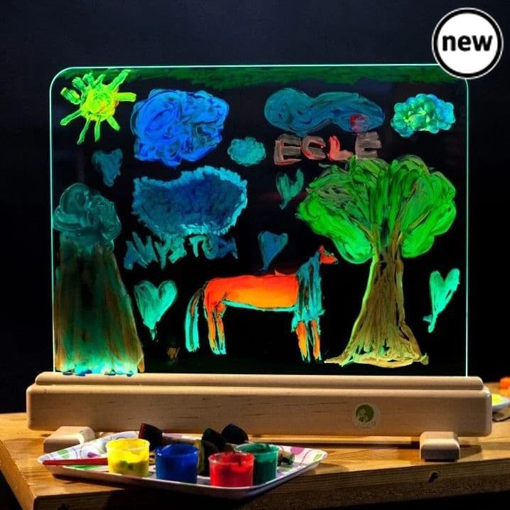Magic Light Easel, The Magic Light Easel has magic tempered glowing glass on which you can paint on. Control unit of the device allows you to select from the range of 16 colours of the base lighting and every time create a new masterpiece. You can create a different impression of your piece of art only by changing the lighting. So, you should not immediately wipe out the landscapes you have created – change the colour and enjoy undiscovered ornaments of the drawing. Unlike a paper drawing that cannot be era