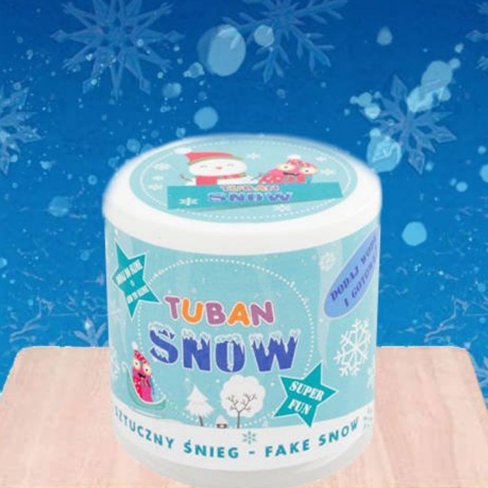 Magic snow Tub, A large tub filled with four sachets of magic snow powder that, when mixed with a little water, immediately expands to create magical snow. Would you like to create snow yourself that won't melt, even if you keep it in your warm room for hours? Your will not have to wait until winter to snow from Tuban. It will show up at your place in a moment just when you want it. Look what we have prepared for you. In our set you will find a white powder, which is poured in water to release its amazing p