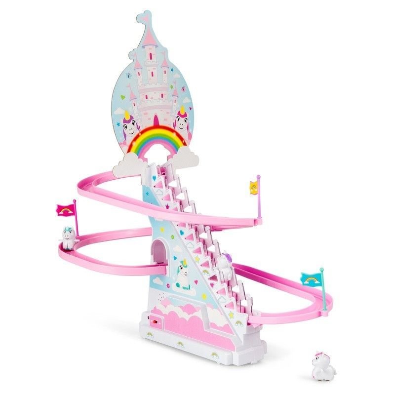 Magical Unicorn Race, Parents will remember playing the traditional Penguin Race over 20 years ago and the Magical Unicorn Race is a modern day version which children will love. Re imagined version of the classic Penguin Race novelty with a striking unicorn design. Switch it on and the small unicorn figures will automatically ascend the staircase towards the slide. When they reach the top, each unicorn will then descend along the winding path, completing a circuit that leads them through an arch in the cent