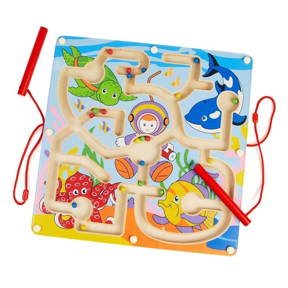 Magnetic Bead Trace, The Magnetic Bead Trace with an Under the Sea theme is the perfect addition to any child's toy collection. This wooden game features a clear plastic panel and integrated magnetic balls in various colors, allowing children to use one of the two attached magnetic pens to move the balls to the corresponding colored animal. Not only is this toy fun to play with, it also provides numerous developmental benefits. Children can improve their pencil grip, fine motor skills, spatial awareness, an