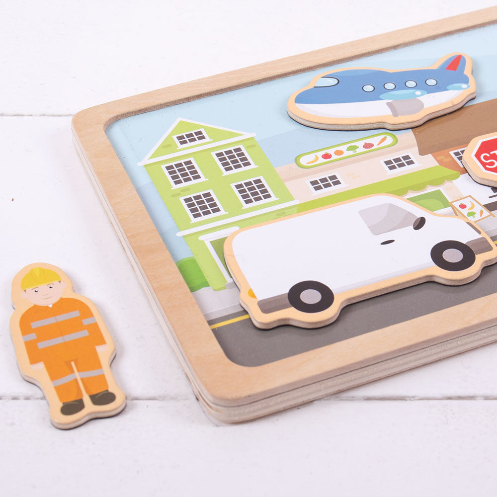 Magnetic Board - City, From the Train to the Lorry, this fun City Themed Magnetic Board set will not only teach children about different modes of transport and what they might find in a busy city, it will encourage them to use their imagination and come up with their own stories. With a variety of pieces, children can create a different scene with every play session, offering plenty of scope for imagination. Features 14 chunky wooden magnets that can be used on the magnetic board, and even on the fridge! Ma