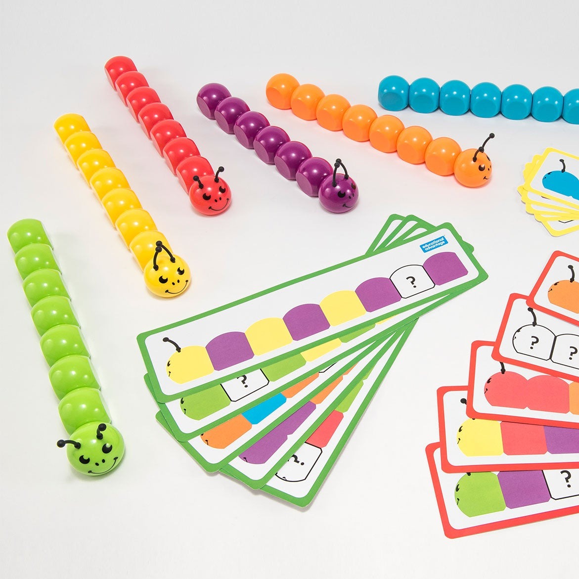 Magnetic Colour Sequencing Bugs, The Magnetic Colour Sequencing Bugs are an educational toy that helps children develop their pattern recognition and sequencing skills in a fun and engaging way. This product includes a set of magnetic bug heads and body segments that are easy for children to snap together, as well as a set of work cards that feature coloured sequences at varying levels of difficulty.The work cards are colour coded across three levels and each card has a sequence consisting of two or three c