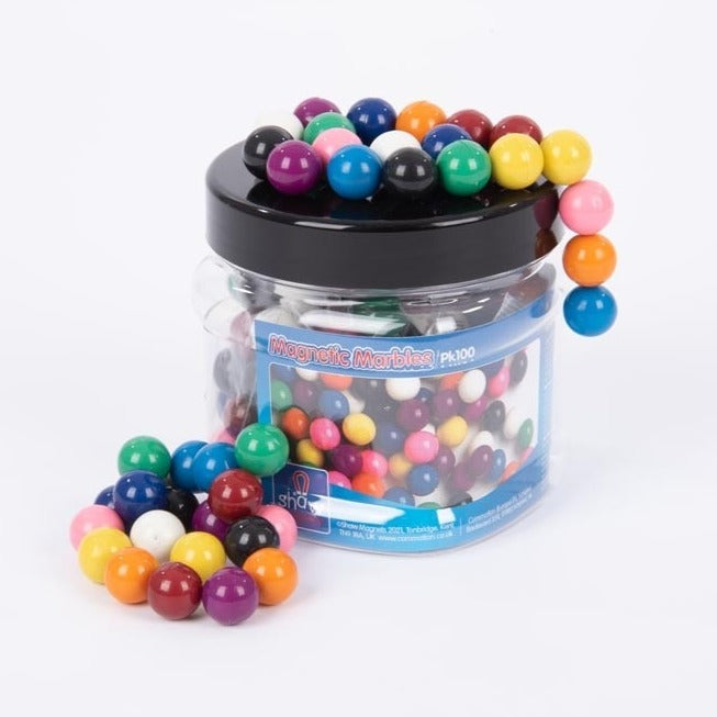 Magnetic Coloured Marbles Tub - Pk100, These Magnetic Coloured Marbles look like colourful plastic balls, but each one contains a magnet so they stick together, hang together and pull towards and away from each other - as a first introduction to the magical world of magnetism they are great fun. The Magnetic Coloured Marbles Tub supports the following areas of learning: Understanding the World - magnetism Maths - counting & sorting Understanding the World - colour Specification Size: 15mm dia. Pk100. Age: S