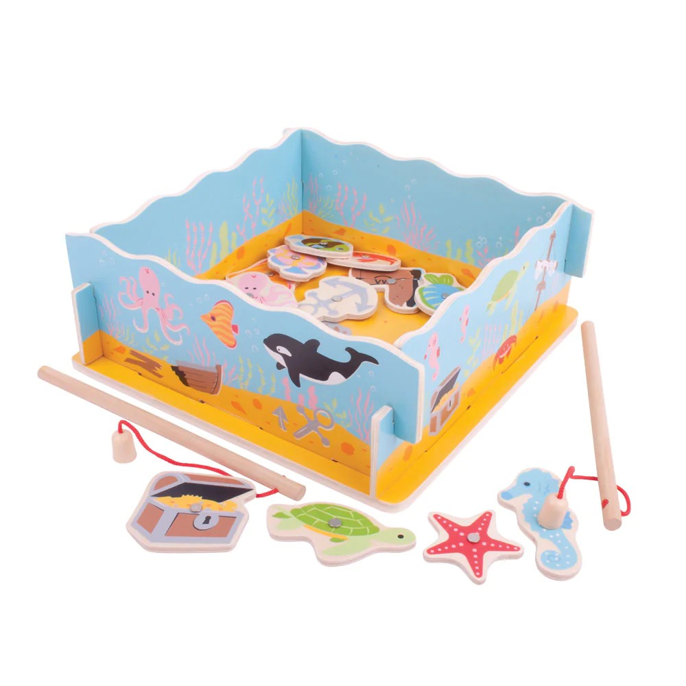 Magnetic Fishing Game with Base, The Magnetic Fishing Game with Base is an easy to use game which is a firm favourite with children of all ages. Use the magnetic fishing rods to 'catch' the delightful wooden fish and lift them above the 'ocean' walls. The Magnetic Fishing Game with Base challenges hand eye co-ordination and manipulation skills whilst having fun identifying the colourful characters from the sea. Grab your fishing rod for some puzzle game fun! These colourful wooden fish can be hooked up by t