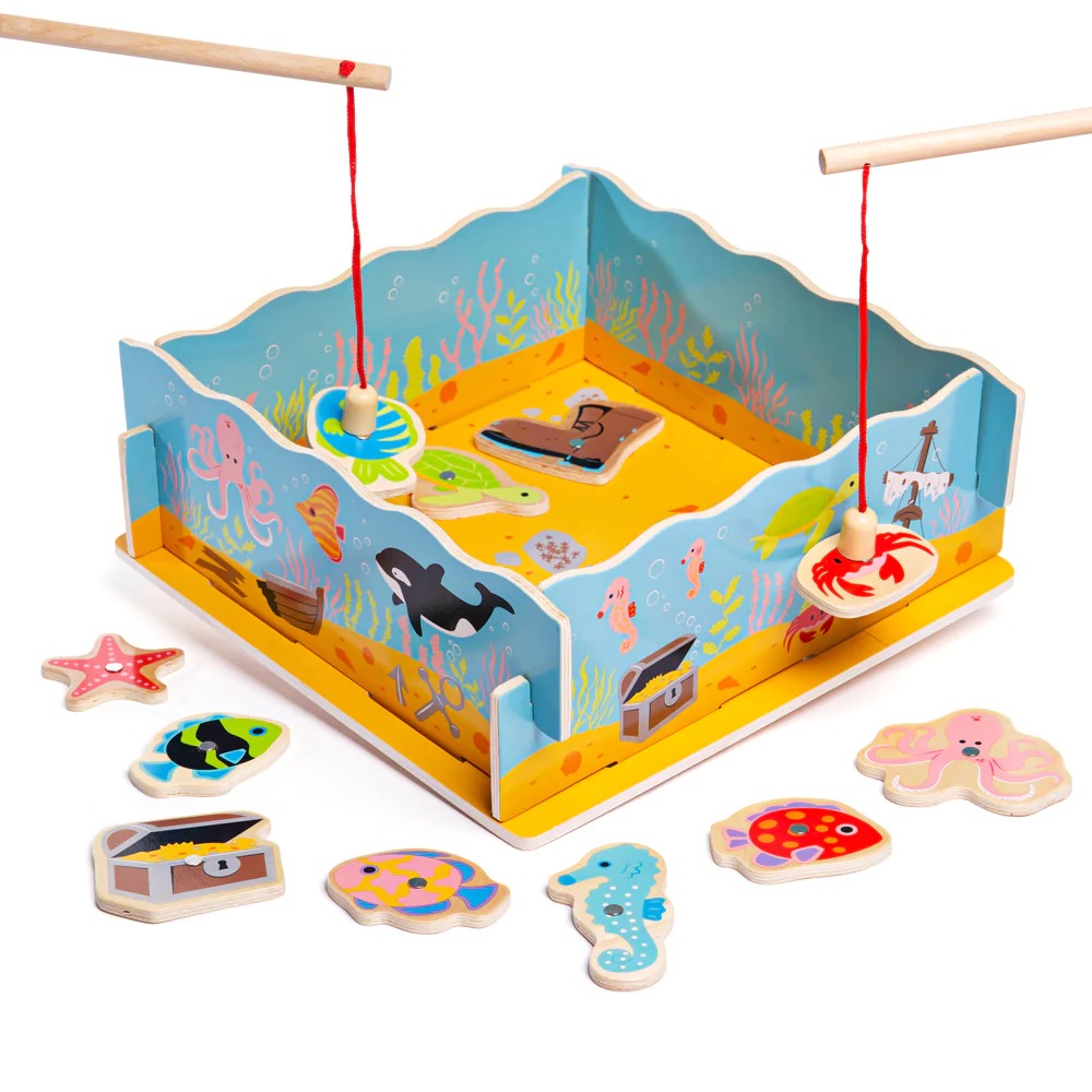 Magnetic Fishing Game with Base, The Magnetic Fishing Game with Base is an easy to use game which is a firm favourite with children of all ages. Use the magnetic fishing rods to 'catch' the delightful wooden fish and lift them above the 'ocean' walls. The Magnetic Fishing Game with Base challenges hand eye co-ordination and manipulation skills whilst having fun identifying the colourful characters from the sea. Grab your fishing rod for some puzzle game fun! These colourful wooden fish can be hooked up by t