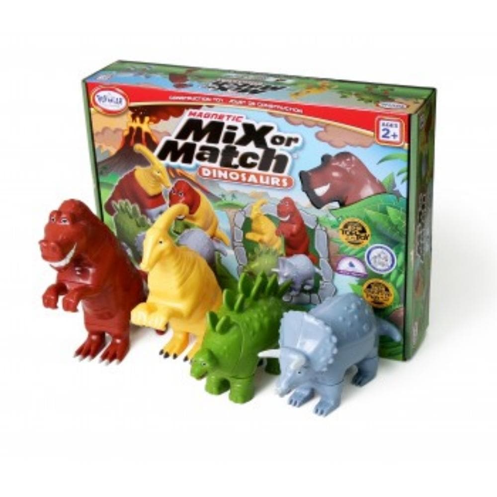 Magnetic Mix or Match Dinosaurs, Mix or Match Dinosaurs is a product for creative development. The Magnetic Mix or Match Dinosaurs set comes with a Triceratops, T-rex, Parasaurolophus, and Stegosaurus that can be mixed and matched into many different combinations that a child can imagine. Just put them together and take apart again and again! Our hidden magnetic locking system makes assembly a snap! Each set includes a Triceratops, Tyrannosaurus Rex, Parasaurolophus and Stegosaurus. There are 4 pieces in ea