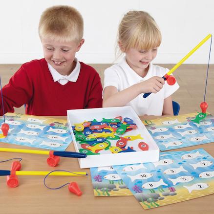 Magnetic Number Fishing, Pupils will have great fun whilst playing this Magnetic Number Fishing game, helps to identify and use numbers. Use the Magnetic Number Fishing to calculate simple subtraction and addition sums to improve numeracy, also improves fine motor skills. With two levels of play (up to 4 players). In both games, all the fish are placed on a flat surface. Each child takes a fishing rod and a game board. In turn, each player catches a number which can be used to fill the missing part of a cal
