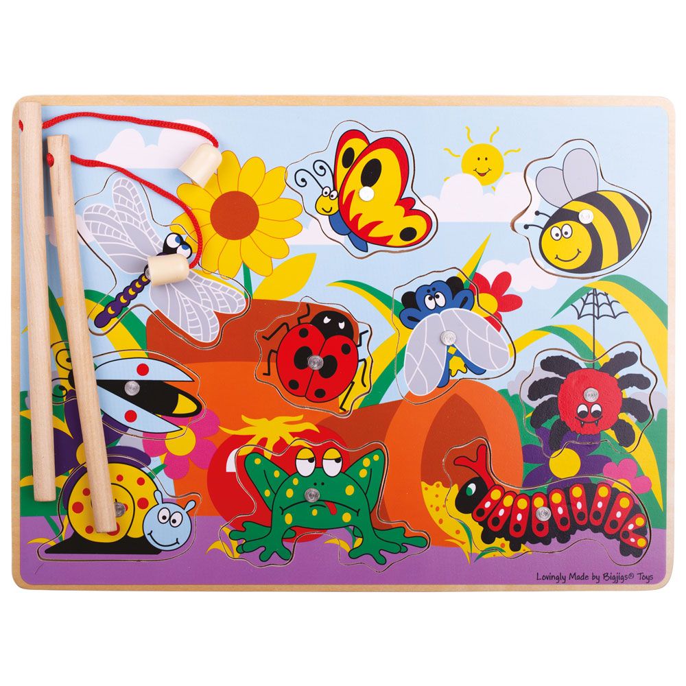 Magnetic Wooden Fun Bugs Puzzle, With this Magnetic Wooden Fun Bugs Puzzle children use the 2 magnetic fishing poles to lift the pieces out of the puzzle board. Will you catch a butterfly, a spider, a ladybird or a bee? Children will love the 10 brightly coloured familiar bugs and insects. Each piece is numbered for added play value and scoring. This puzzle is ideal for developing hand-eye coordination. This game could also be used to discuss the different types of bugs and insects and the environment that 
