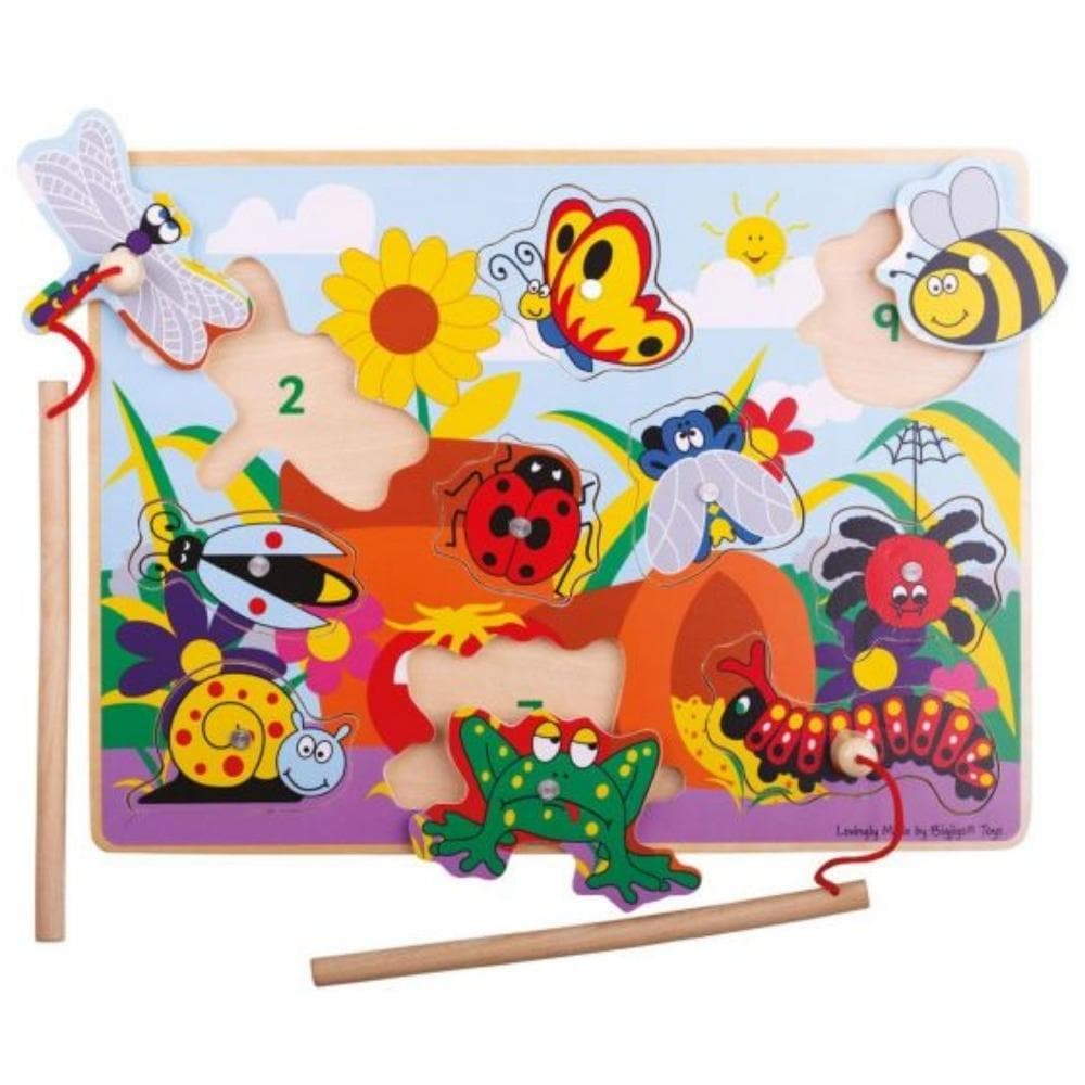 Magnetic Wooden Fun Bugs Puzzle, With this Magnetic Wooden Fun Bugs Puzzle children use the 2 magnetic fishing poles to lift the pieces out of the puzzle board. Will you catch a butterfly, a spider, a ladybird or a bee? Children will love the 10 brightly coloured familiar bugs and insects. Each piece is numbered for added play value and scoring. This puzzle is ideal for developing hand-eye coordination. This game could also be used to discuss the different types of bugs and insects and the environment that 