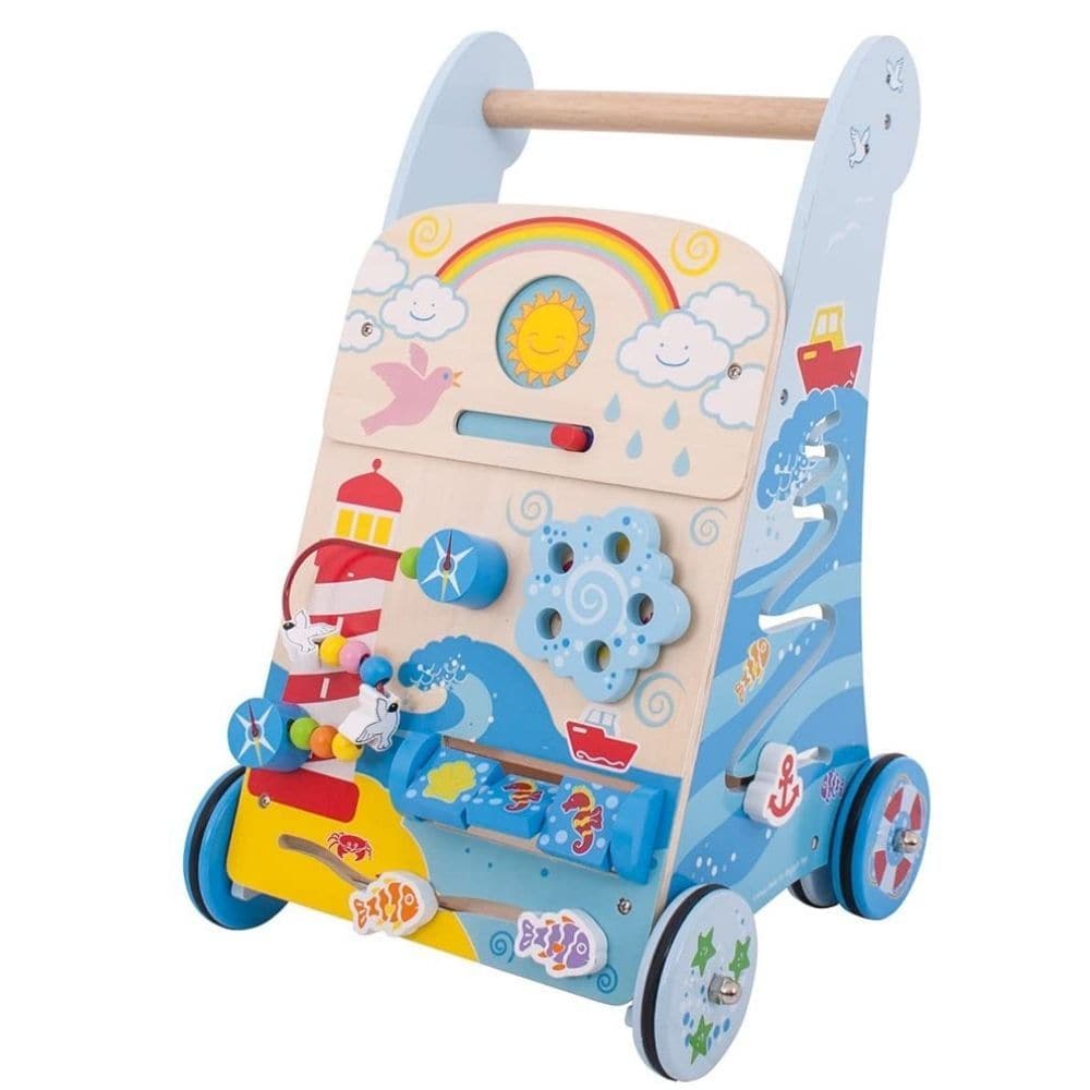 Marine Activity Walker, The Marine Activity Walker will encourage your little one's mobility, dexterity, sorting and matching skills with the help of this wooden Marine Activity Walker packed with captivating features inspired by marine life. Use the slider to choose between the moon and sun, then spin the colourful wheel, match three shells or seahorses by spinning the blocks and help the birds fly up and down the beaded wire. Plus, don't forget the fish who are waiting to swim! On each side of the Marine 