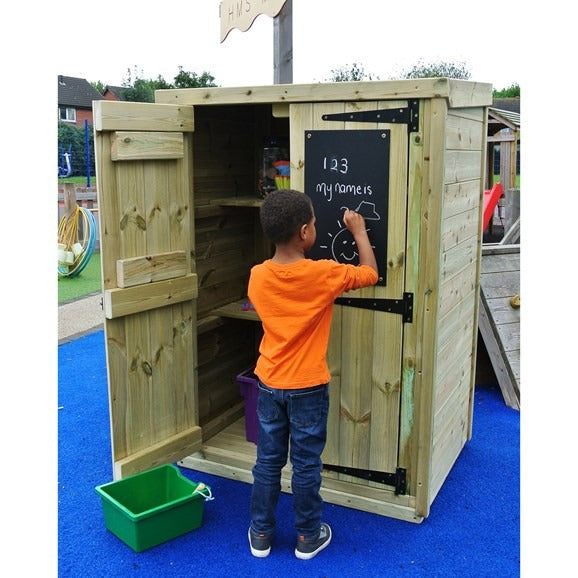 Mark Making Storage Shed, The Mark Making Storage Shed is a storage solution, combining organising outdoor and creativity. With 3 shelves cleverly spaced for stacking gardening tools, toys, exercise books and files. The children will love getting involved, writing and doodling on the chalkboard and whiteboard. Ideal for labelling and developing mark making skills. 12 month product guarantee, 10 year timber guarantee. Dimensions: W1100 x H1500 x D800mm., Mark Making Storage Shed,Outdoor Storage Shed with Mar