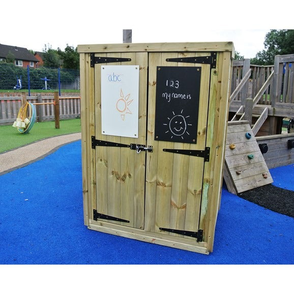 Mark Making Storage Shed, The Mark Making Storage Shed is a storage solution, combining organising outdoor and creativity. With 3 shelves cleverly spaced for stacking gardening tools, toys, exercise books and files. The children will love getting involved, writing and doodling on the chalkboard and whiteboard. Ideal for labelling and developing mark making skills. 12 month product guarantee, 10 year timber guarantee. Dimensions: W1100 x H1500 x D800mm., Mark Making Storage Shed,Outdoor Storage Shed with Mar