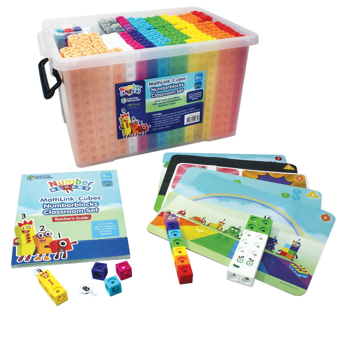 Mathlink Cubes Numberblocks Classroom Set, This is the ultimate Numberblocks maths resources set developed to help teachers bring the maths concepts seen in the award-winning CBeebies TV series to life in the classroom. The Mathlink Cubes Numberblocks Classroom Set includes everything 12 pairs of pupils need to complete the 60 x 15-minute maths learning activities included in the comprehensive 88-page Teacher’s Guide. Activities align with the EYFS and National Curriculum objectives. The ultimate set for te