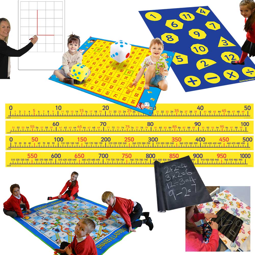 MATHS in the Playground, The MATHS in the Playground set contains some great resources to engage children in learning when out and about. Includes: 1 x large 100 square, 1 x giant walk-on number line, 1 x A2+ dry erase grid board, 1 x chalkboard on a roll, 1 x award-winning snakes and ladders game, 1 x playing with maths mat Suitable for ages: 4+, MATHS in the Playground, Outdoor maths resources,outdoor math's,outdoor learning resources,playground maths, 