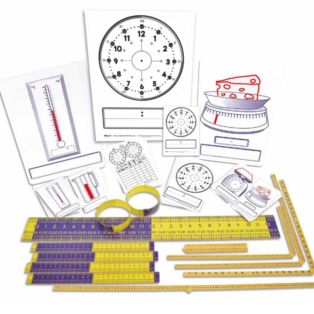 Measurement Class Pack, This cross curricular versatile class kit comprises Teacher and pupil plastic dry wipe boards, suitable for measuring, comparing, adding and subtraction temperature, weight and time. Use the durable plastic Elapsed Time rulers to compare analogue/digital time, intervals of time, continuous and elapsed time for 12/24hrs. The folding Meter/imperial rulers measure length/height in any direction. Includes: Versatile kit for teaching measurement of time, weight, temperature and more 1 tea