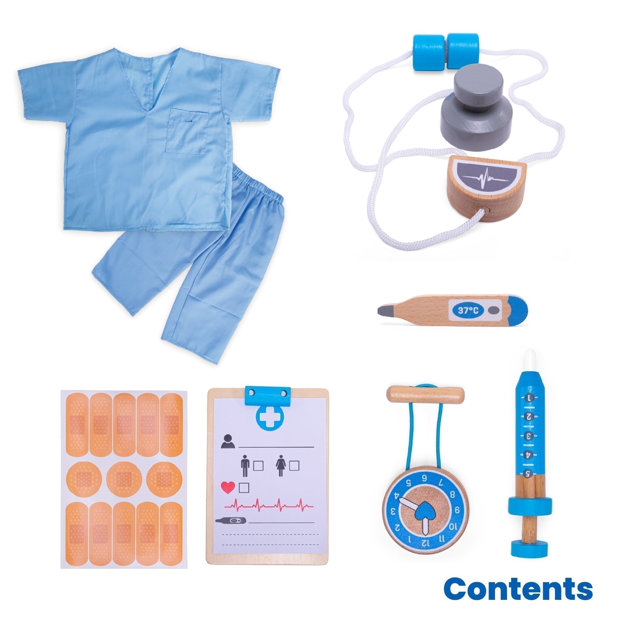 Medic Dress Up, Help nurse teddies, dolls or family members back to health with this realistic-looking Medic Kids Fancy Dress Costume. This doctor dress up set comes with blue scrubs, a wooden stethoscope, clipboard, thermometer, pocket watch and syringe. Our kids dress up costumes are suitable for ages 3-5 years. Jacket measures 40.5cm W x 47cm H. Adjustable trousers measure 42cm-80cm (16"-30") waist; leg length - 55cm. Dress up products have been tested to the latest EN71 & REACH regulations. Medic Dress 