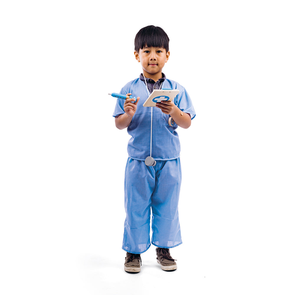Medic Dress Up, Help nurse teddies, dolls or family members back to health with this realistic-looking Medic Kids Fancy Dress Costume. This doctor dress up set comes with blue scrubs, a wooden stethoscope, clipboard, thermometer, pocket watch and syringe. Our kids dress up costumes are suitable for ages 3-5 years. Jacket measures 40.5cm W x 47cm H. Adjustable trousers measure 42cm-80cm (16"-30") waist; leg length - 55cm. Dress up products have been tested to the latest EN71 & REACH regulations. Medic Dress 